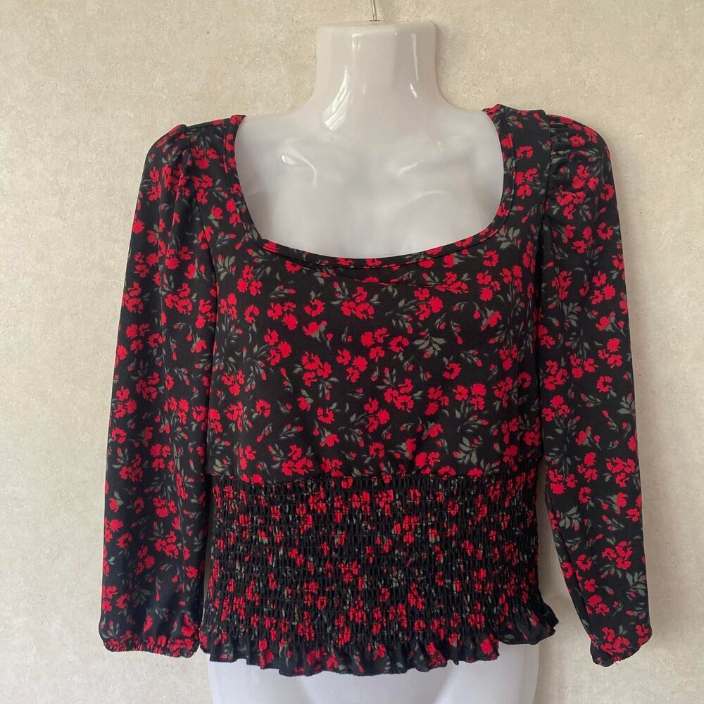 Lark‎ + Grey Smoked Top for Women LongSleeves Floral Top Black & Red Small - NEW